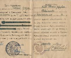 Vasúti alkalmazott orosz katonai parancsnokság védelme alá helyezése (2 nyelvű 1944) hadifogoly nyugellátási szelvénye és élelmi illetményről szóló nyugta