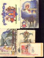 4 db régi, ünnepi folklór lap és 1 db üdvözlőkártya, s: Bozó