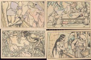 6 db régi motívumlap, Grimm mesék illusztrációi, mind használatlan, szignált