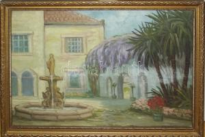 Menkó L. jelzéssel: Mediterrán udvar, olaj-farost, üvegezett keretben 38x28cm