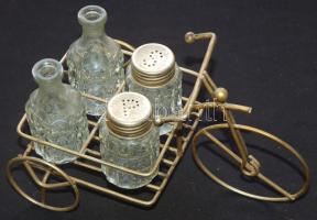 4 darabos sószóró szett réz tricikli alakú tartóban 22x13x14cm