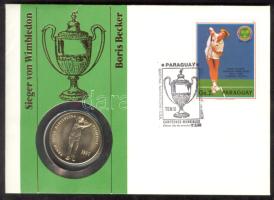 Andorra 1987. 2D "Olimpia-Tenisz, Boris Becker" érmés, bélyeges borítékon, paraguayi bélyeggel, alkalmi bélyegzővel T:1 Ismertetővel! Andorra 1987. 2 Diners "Olympics-Tennis, Boris Becker" coin letter with Paraguayan stamps and information C:Unc