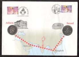 Görögország 1986. 20Dr + Dél-Korea 1988. 1000W "Tenisz" T:1 Közös érmés, bélyeges borítékon Greece 1986. 20 Drachma + South Corea 1988. 1000 Won "Tennis" on the same medallic letter C:Unc