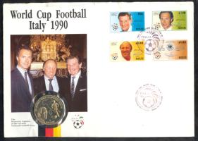 Niue 1990. 5$ "Labdarúgó VB - Olaszország" érmés borítékon teljes bélyegsorral, elsőnapi bélyegzéssel, hátoldali ismertetővel T:BU Niue 1990. 5 Dollars "Football World Championship Italy 1990" coin letter with first day of issue stamps and information C:Unc