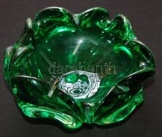 Dekoratív zöld színű szakított üveg tál hibátlan állapotban / Green glass bowl in flawless condition 18x18x9cm