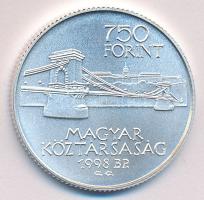 1998. 750Ft Ag "Budapest egyesítésének 125. évfordulója" T:BU Tanúsítvánnyal, díszdobozban