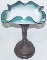 cca 1850 Antik kínáló gazdagon díszített, francia jelzésekkel ellátott ezüst (Ag) talppal, eredeti, szakított üveg betéttel / Antique serving bowl with French silver stand and original, hand-made glass plate. Complete: 30cm, glass d: 25cm, silver: 520gr