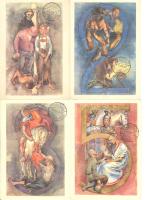 9 kép a cserkész tízparancsolat sorozatból (nem képeslapok) megíratlan, a képoldalon Jamboree alkalmi bélyegzés