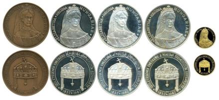 Kelemen Kristóf (1922-2001) 1987. "Elisabetha Regina Hungariae / Születésének Emlékére A Magyar Éremgyűjtők Egyesülete - 1837-1987" komplett 5 darabos sorozata! (Bronz, Fém, Ezüst (36g), Ezüst Piefort (72g), Arany (6.5g/0.900)) T:1,PP Csak 120-3600db! R! /  Hungary 1987. Hungarian Numismatic Collectors Society / Elizabeth commemorative medallions set with Bronse, Metal, Silver (36g), Piefort Silver (72g) and Gold (6.5g/0.900) coins! Sign.: Kristóf Kelemen C:UNC,PP Only 120-3600 examples! RARE