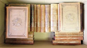 Magyar Törvénytár - Corpus Juris Hungarici 1000-1895 (-1906). Milleniumi emlékkiadás. Dr. Csiky Kálmán, Dr. Kolozsváry Sándor, Nagy Gyula, Dr. Óváry Kelemen és Tóth Lőrinc közreműködésével szerkeszti Dr. Márkus Dezső. Hozzá: Erdélyi Törvények 1540-1848. + Tárgymutató 1000-1902. A 29 kötet egységes, díszesen aranyozott gerincű kiadói egészvászon kötésben, a táblákon dombornyomásos díszítésekkel. Egy két köteten kisebb hibák, ázások, de összességében jó állaoptban. A kötések Gottermayer N. műhelyében készültek