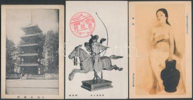 53 db túlnyomó részt régi, vegyes tematikájú japán lap, művész, erotikus, városképes, mind megíratla...