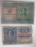 1912-1915. 100K (6x) + 20K (7x) + 10K mindegyik bankjegy felülbélyegezve, közte magyar, német, román...