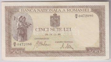 Románia 1941. 500L (2x) egyugrású sorszámmal T:I,II(hajtatlan, kissé foltos)
Romania 1941. 500 Lei (...