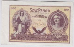 1943. 100P "Szálasi-kiadás" sor -és sorozatszám nélkül,egyenetlenül levágott, kis bal oldali ívszél T:II-