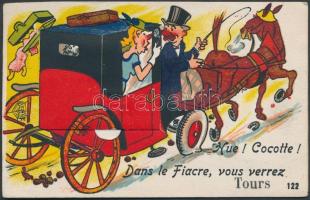 Tours, lovaskocsi, humoros leporello, Tours, horse-drawn carriage, humorous leporellocard