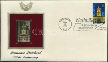 Amerikai Egyesült Államok 1996. &quot;Tennessee állam 200 éves 32c&quot; aranyfóliás(22kt) bélyeg replika FDC borítékban, a megegyező bélyeggel,elsőnapi bélyegzővel és ismertetővel T:1 &lt;br/&gt;USA 1996. &quot;Tennessee Statehood 200th Anniversary 32c&quot; gold(22kt)foil stamp replica on First Day Issue envelop with the same stamp and information C:Unc