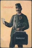 Budapest leporello, postás, Parlament, Nyugati pályaudvar, Műegyetem, Vár (fa)