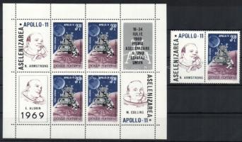 Spaceships Apollo 9 and Apollo 10 block + stamp from the block, Űrhajók Apollo 9 és Apollo 10 blokk + blokkból származó bélyeg