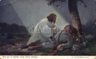 Jézus egy sérült katona mellett, Nr. 1001. s: A. Setkowicz, WWI K.u.K. military, Jesus and the injured soldier, Nr. 1001. s: A. Setkowicz