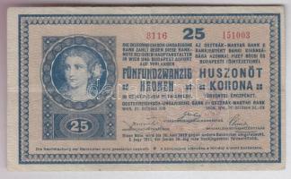 1918. 25K hullámos hátlap, 3000 feletti sorozat Szegedi Kézműves Bank szárazpecséttel és "Magyar Állampénztár Debrecen 1919" bélyegzéssel T:III