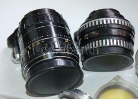 Exakta fényképezőgép 3 db Zeiss objektívvel, álvánnyal, színszűrőkkel, egyéb tartozékokkal. Objektív...