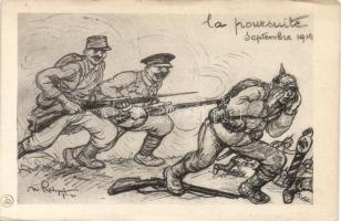 Első világháborús francia-német katonák, karikatúra, humor, La Poursuite / The Chase, WWI French-German military, caricature, humour