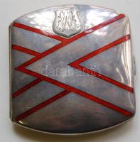 cca 1900 Zománcberakással díszített, dianás jelzéssel, mesterjeggyel és monogrammal ellátott, belül aranyozott ezüst (Ag) férfi cigarettatárca / Silver male cigarette case with enamel decoration and gold plating inside, hallmarked by the Austro-Hungarian Empire 8,5x9cm 121,8gr