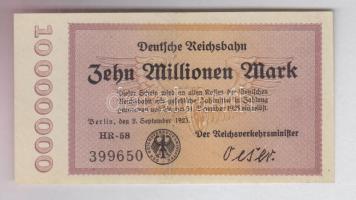 Német Birodalom/Weimari Köztársaság/Birodalmi Vasút/Berlin 1923.9.2. 10.000.000M T:II Germany/Weimar Republic/Deutsche Reichsbahn/Berlin 1923.2.9. 10.000.000 Mark C:XF