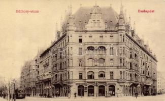 Budapest V. Báthory utca Csillag József kereskedésével, villamossal (hátoldalán sorsjegy)