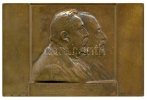 Telcs Ede (1872-1948) 1907. "Alpár Ignác építész - Kornfeld Zsigmond elnők / A Budapesti Áru- és Értéktőzsde építésének emlékére. 1907." Br plakett (67.5x10.5mm) T:2 /  Hungary 1907. Ignác Alpár and Zsigmond Kornfeld Br commemorative plaque (67,5x10,5mm) Sign.: Ede Telcs C:XF