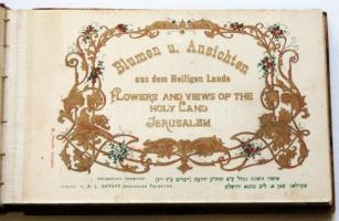 cca 1900 A Szentföld képei és virágai fa-borítású füzet a 12 kőnyomatos képpel és szárított virágokk...