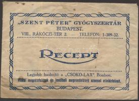 cca 1930 Szent Péter gyógyszertár díszes recept borítékja