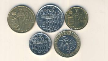 Monaco 1962. 20c + 1965. 1/2Fr + 1966. 1Fr + 1974. 10c + 2000. 10Fr T:1-,2 Monaco 1962. 20 centimes + 1965. 1/2 Franc + 1966. 1 Franc + 1974. 10 centimes + 2000. 10 Franc C:AU,XF