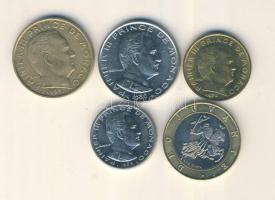 Monaco 1962. 20c + 1965. 1/2Fr + 1966. 1Fr + 1974. 10c + 2000. 10Fr T:1-,2
Monaco 1962. 20 centimes ...