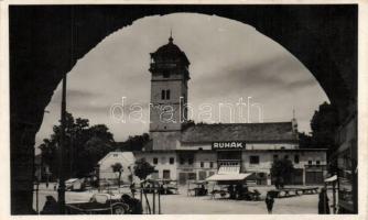 Rozsnyó Main square, Old tower, Shop of Puskás; Hulyop; Varjú; Baffy and market