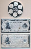 1996. "A kibocsátás 150. évfordulójára" 1946-os 10Ft-ost formázó Ag(999) emlékplakett (1,5 uncia) + 1946-os 100Ft-ost formázó Ag(999) emlékplakett (1,5 uncia) + 1946-1996. Augusztus 1. "50 éves a forint" Ag emlékérem 31,5g T:fényes BU,PP eredeti díszdobozban,tanúsítvánnyal Csak 5000db!