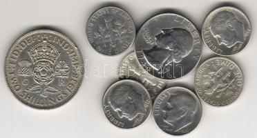 USA + Nagy-Britannia 1944-1964. 10cent (6x) + 1944. 25cent, 1938. 2Sh ezüst T:2,2/3