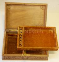 Sárkánnyal díszített nagyméretű faragott fa ékszeres doboz jó állapotban kulccsal 30x20x9cm