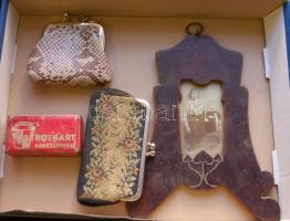 Kis bolha tétel: régi képkeret, gobelinnel díszített pénztárca, régi Rotbart borotva pengével, kígyóbőr hatású pánztárca