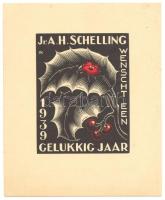 Ismeretlen jelzéssel: Jr. A. H. Schelling wenscht een gelukkig jaar 1939, üdvözlőkártya, linómetszet, 11x13cm