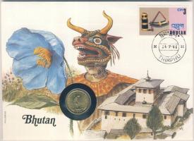 Bhután 1974. 20c érmés, bélyeges borítékon, ismertetővel T:2 &lt;br/&gt;Bhutan 1974. 20 chetrums on coin letter with stamp and information C:Unc