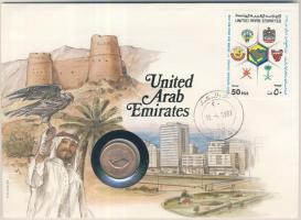 Egyesült Arab Emirátusok 1973. 5F bélyeges érmés borítékon, ismertetővel T:1 &lt;br/&gt;United Arab Emirates 1973. 5 Fils on coin letter with stamp and information C:Unc