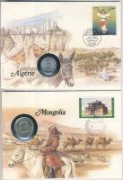 Algéria 1974. 5c + Mongólia 1981. 50M, mindkettő bélyeges érmés borítékon, ismertetővel T:1 Algeria 1974. 5 centimes + Mongolia 1981. 50 Mongo, both on coin letter with stamp and information C:Unc