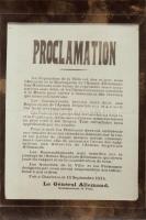 Első világháború német katonai értesítése, franciaországi parancsok, propaganda, 1914 Proclamation / WWI German military notice by the General Commanding, orders in France, propaganda