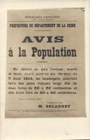 1916 Francia első világháborús politikai propaganda,  M. Delanney, 1916  Avis a la population / WWI political propaganda notice to the population by M. Delanney