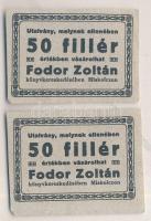 Miskolc 50f utalvány felülbélyegzés nélkül "Fodor Zoltán Könyvkereskedés" (2x) T:I-
