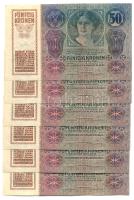 1914. 50K (6x) felülbélyegzés nélkül, vízjellel és egymás utáni sorszámmal! T:I,I- (hajtatlanok!) /  Hungary 1914. 50 Korona (6x) without overprint, with watermark and with sequential serial numbers! C:UNC,AU (unfolded!) Adamo K24.