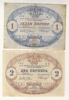 Montenegró 1914. 1P (3x) + 2P T:III
Montenegro 1914. 1 Perper (3x) + 2 Perpera C:F