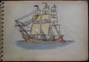 Vázlatfüzet 27 db, főleg hajókat ábrázoló szines pasztel rajzzal