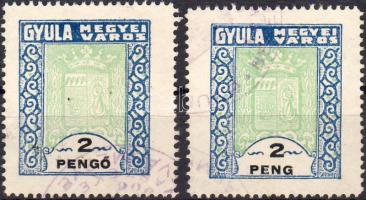 Gyula városi 2P okmánybélyeg, az értékjelzésben "PENGŐ" helyett "PENG" / 2P Stempelmarke von Stadt Gyula, mit Druckfehler